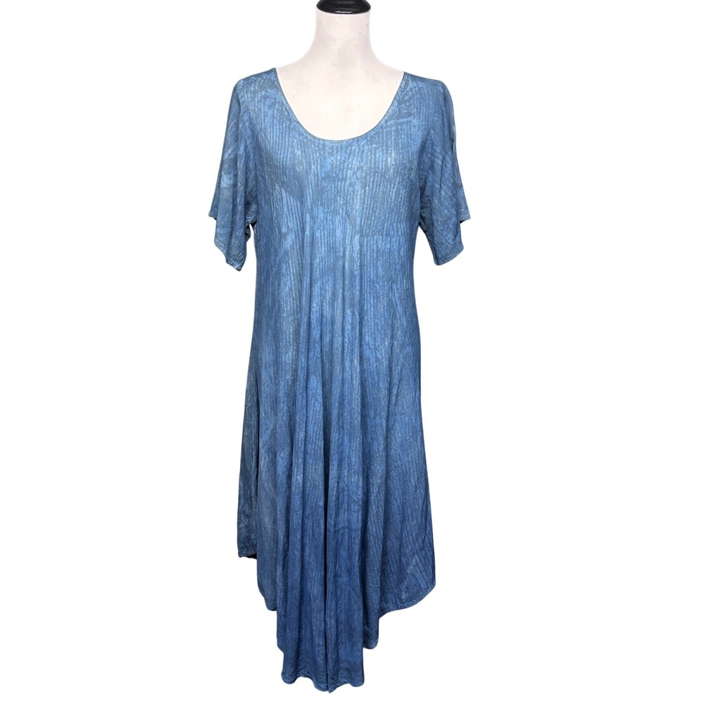 NWT Sacred Threads Midi Dress Women OS Blue Boho Rayon Short Slv Sharkbite Hem